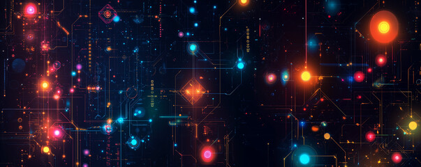 Fototapeta premium Vibrant digital illustration of a futuristic network with glowing nodes and connections. Abstract representation of data flow, AI, and advanced technology in a cosmic-like setting