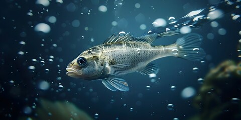 Fototapeta premium Shot of a Perfect Bladefin Basslet Fish in Deep Blue Waters with Swirling Bubbles