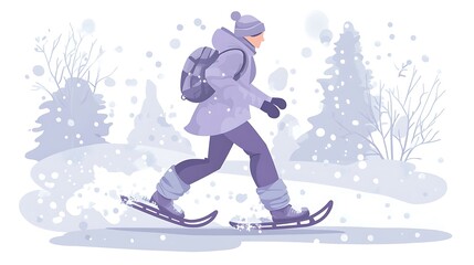 Winter Wanderer - Flat Vector Illustration of Snowshoe Walker in Light Purple and Gray Suit Amid Snow Flurries