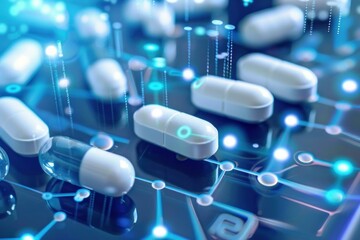 White pills laid out on a network of connections representing medical technology and pharmaceutical research