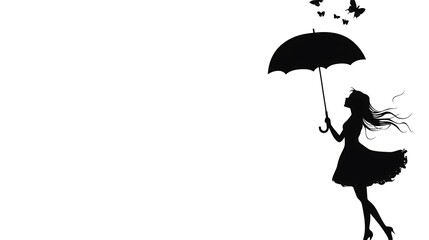 Whimsical Silhouette of Girl with Flower Umbrella Floating in Clip Art Style on White Background