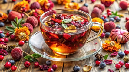 A beautiful mixture of herbal floral fruit tea with vibrant petals, dried berries, and fruits , tea, herbal, floral, fruit