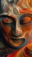 Abstract digital artwork featuring the face of Buddha in vibrant swirls of orange, red, and yellow, conveying a sense of serenity and spirituality.