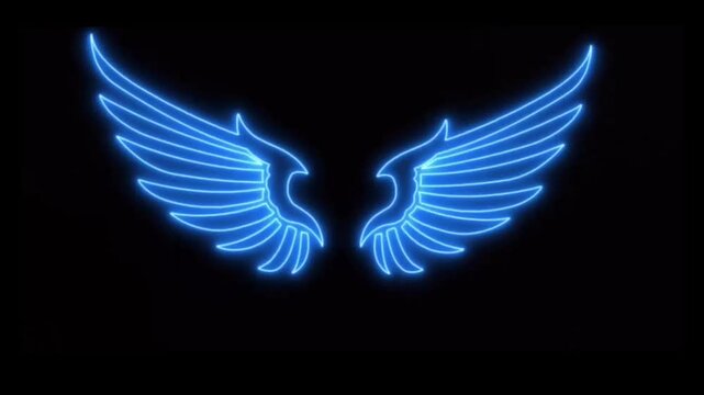 neon glow angel wings on black background