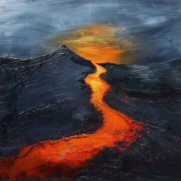 Abstract painting of a fiery lava flow against dark mountains under a glowing sky, with rich texture and vibrant colors.