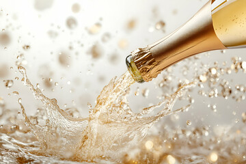 A close-up of champagne being poured, showcasing bubbles and splashes, perfect for celebration themes and elegant occasions.