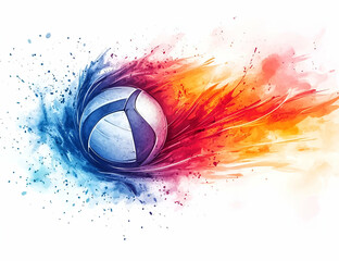 A dynamic graphic of a volleyball in motion, surrounded by vibrant splashes of red and blue paint, symbolizing energy and excitement.