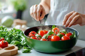 Woman preparing red tomato soup with basil in a bright kitchen.