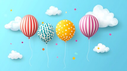 Vibrant Striped and Polka Dot Balloons Against Sky Background - Festive Vector Illustration