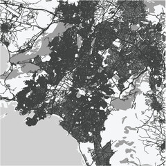 Map of Athens in Greece in grayscale. Contains layered vector with roads water, parks, etc.