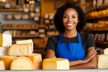 Young smiling African saleswoman works in a cheese store at a cheese festival, showcasing a variety of artisanal cheeses.