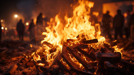 Intense Bonfire Flames In Winter Night With Blurred Crowd In Background