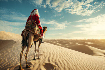 Santa Claus riding a camel in the desert under a clear sky
