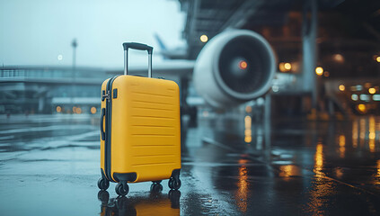 A vibrant yellow suitcase stands alone at a rainy airport, showcasing travel adventure and anticipation in an urban setting.