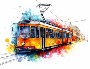 Naklejka premium Colorful watercolor illustration of a vintage tram on city streets, showcasing vibrant splashes and artistic textures.