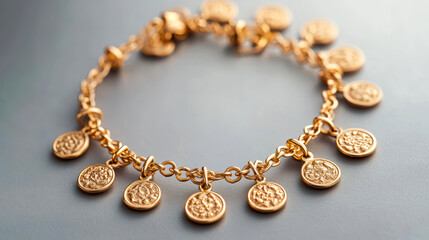 Obraz premium A close-up shot of a gold charm bracelet with intricate coin pendants, displayed on a smooth, gray surface, ideal for jewelry advertisements, fashion blogs, or luxury product promotions,
