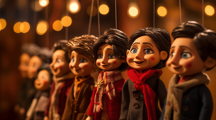 Fototapeta premium Handcrafted Marionette Puppets With Whimsical Expressions Hanging In Warmly Lit Market