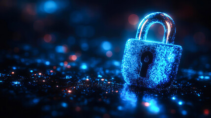 A glowing blue padlock surrounded by sparkling particles, symbolizing digital security and data protection, ideal for use in cybersecurity content, technology blogs, and online privacy topics,