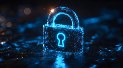 A glowing digital padlock with a keyhole symbolizes cybersecurity and data protection, set against a dark blurred background, Ideal for articles on technology, online security, and data privacy,