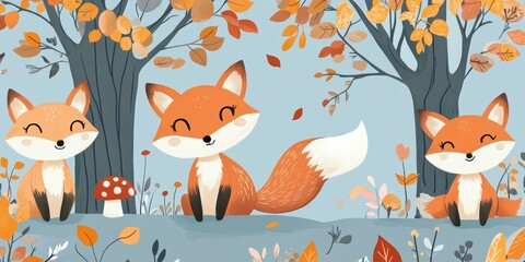 Fototapeta premium Charming wallpaper design featuring playful foxes with fluffy tails and happy expressions, creating a whimsical and inviting atmosphere.