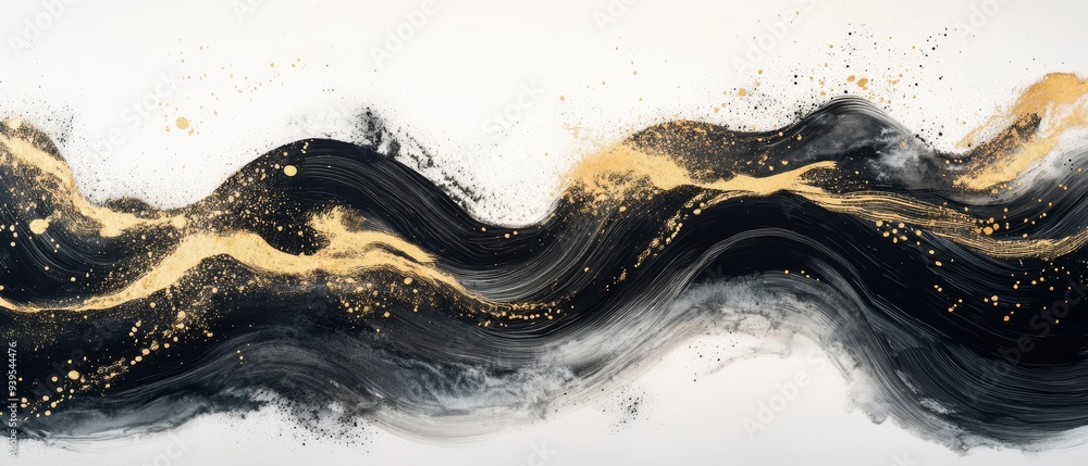 Aufkleber black and gold abstract wave with splatter details. the image combines bold brushstrokes with metall