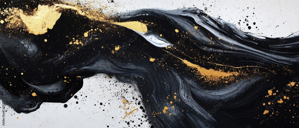 Aufkleber black and gold abstract wave with intricate splatter details. the image combines elegant brushstroke