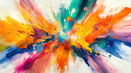 Colorful paint explosion abstract art featuring vibrant splashes of various hues. The dynamic composition bursts with energy and creativity, creating a bold and expressive visual impact.