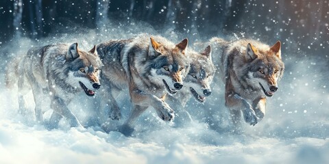 Four wolves running through snowy forest.