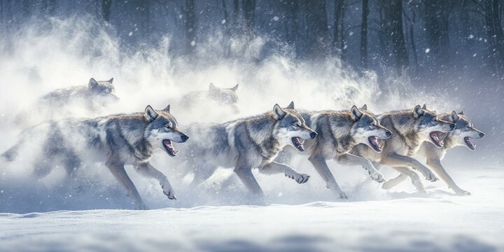 Wolf pack running through snowy forest.