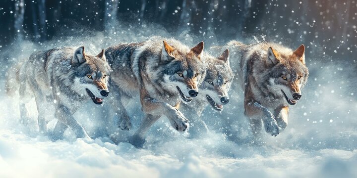 Four wolves running through snowy forest.