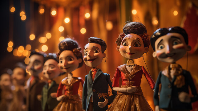 Elegant Marionette Puppets Dressed In Formal Attire Displayed In A Warm Market Scene