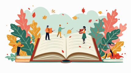 A flat vector illustration of students writing on a giant book