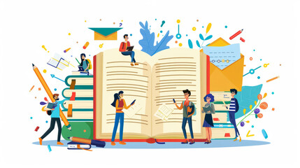 A flat vector illustration of students writing on a giant book
