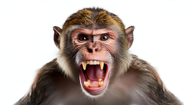 aggressive monkey displaying fierce grin white background
