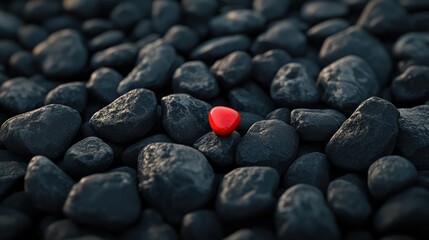 3D octane render of a field of black pebbles with a single tiny red marble, realistic textures, and high detail.