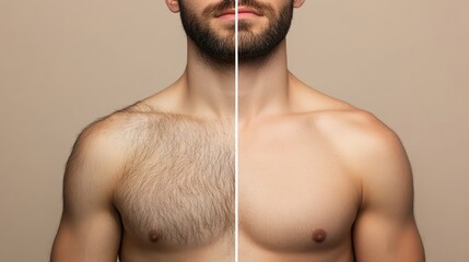 A man is divided in appearance, photo of male breasts before and after hair removal with wax, sugar, depilation, laser hair removal, sugaring