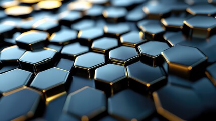 Obraz premium 3D macro zoom of a hexagonal honeycomb with reflective surfaces, creating a sense of depth and complexity.