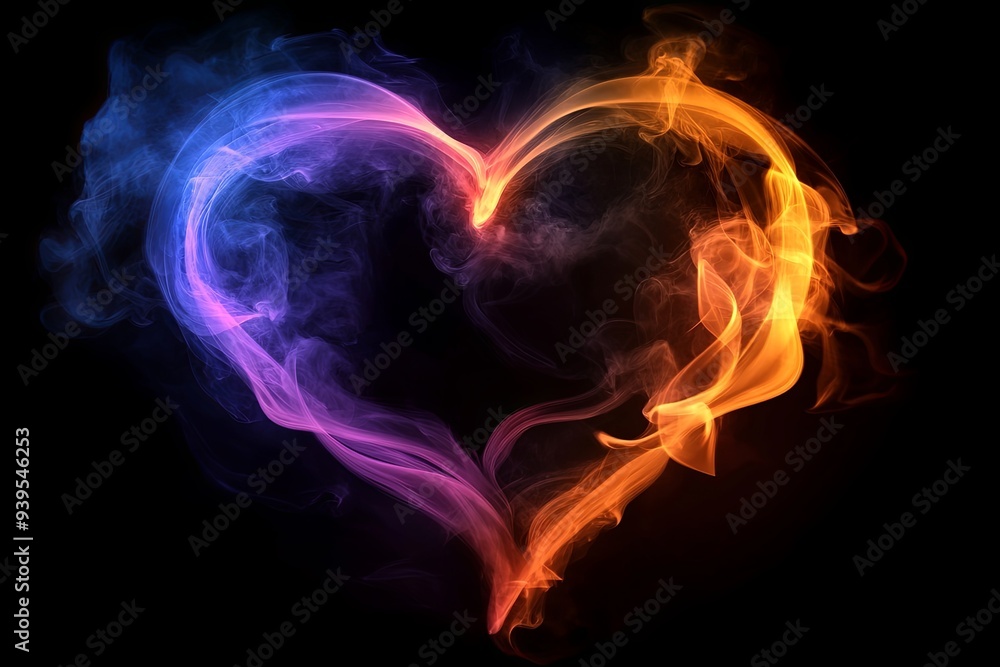 Sticker a stylized heart shape formed from blue and orange smoke against a black background.