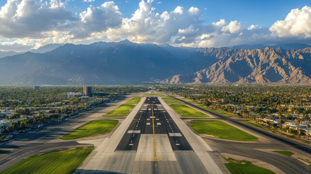 Palm Springs Airport. Aerial View of California Aerodrome and Downtown City with San Jacinto Mountains as Backdrop