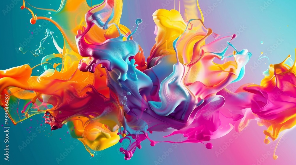 Poster A dynamic splash of vibrant multicolored paint fluidly spreading across a gradient background, showcasing creativity and motion.