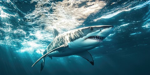 Fototapeta premium A Great White shark swims in blue water.
