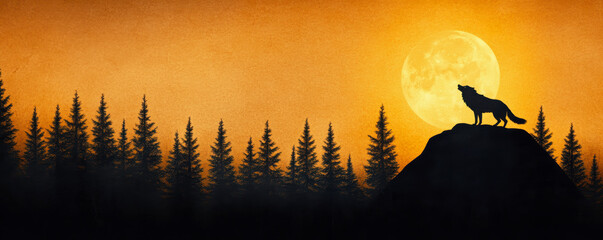 A wolf howls at the moon, its shadow against a simple forest background.