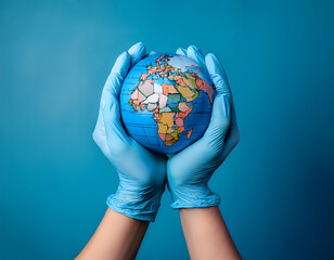 hands holding globe wearing medical gloves blue background representing world health day