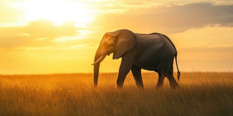 Naklejka premium Elephant walks through tall grass at sunset.