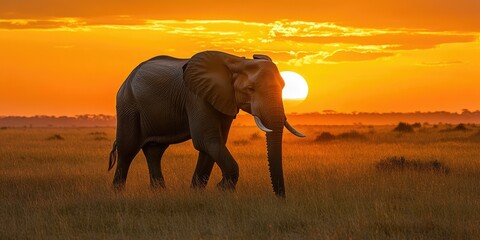 Fototapeta premium Elephant silhouetted against an orange sunset.