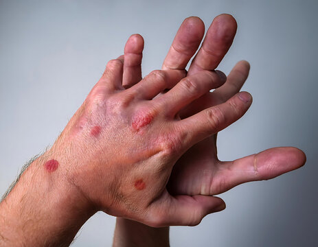male hands showing rash due pox viral infection skin painful red blisters highlighting health issues palm allergic skin inflammation