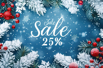 Snow-covered Christmas tree with festive decorations, surrounded by winter wonderland and a playful dog. Sale sign with 25% off in background adds excitement to the scene.