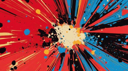 Vibrant red explosion with jagged lines, blue and black streaks, and dotted patterns, capturing comic book excitement.