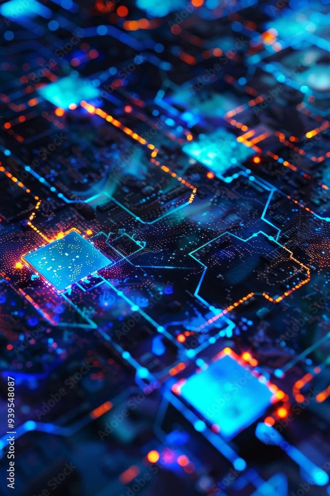 Canvas Prints A detailed close-up of a colorful electronic circuit board, glowing with blue and orange light, showcasing the complexity of modern technology.