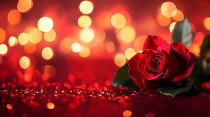A single red rose with green leaves rests on a red, glittering surface with bokeh lights in the background.